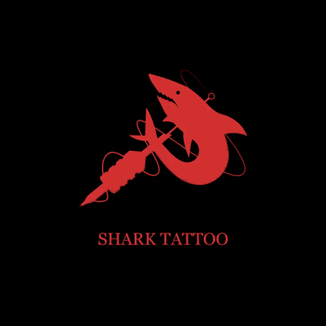 a logo for shark tattoo with a red shark and a tattoo machine