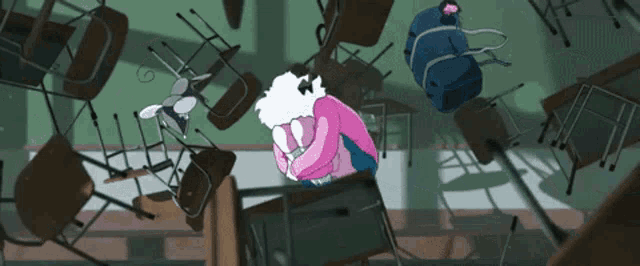 a cartoon of a girl sitting on a desk in a classroom surrounded by chairs .