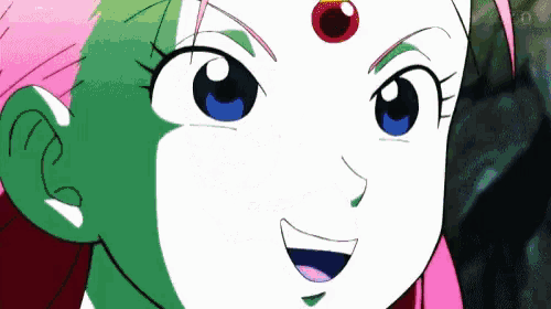a close up of a cartoon character 's face with a red spot on her forehead .