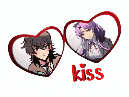 a picture of a boy and a girl with the word kiss between them
