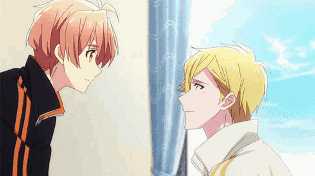 two anime characters are standing next to each other