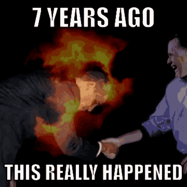 two men shaking hands in front of an explosion with the words 7 years ago this really happened