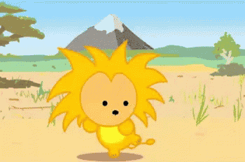 a cartoon of a lion standing in a field with a mountain in the background