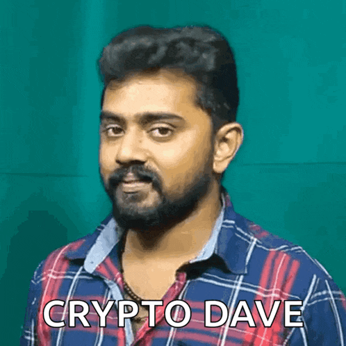 a man with a beard is wearing a plaid shirt and says crypto dave .