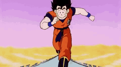 a cartoon character is running down a road with a purple sky in the background