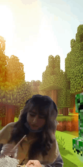 a woman is standing in front of a creeper in a minecraft scene