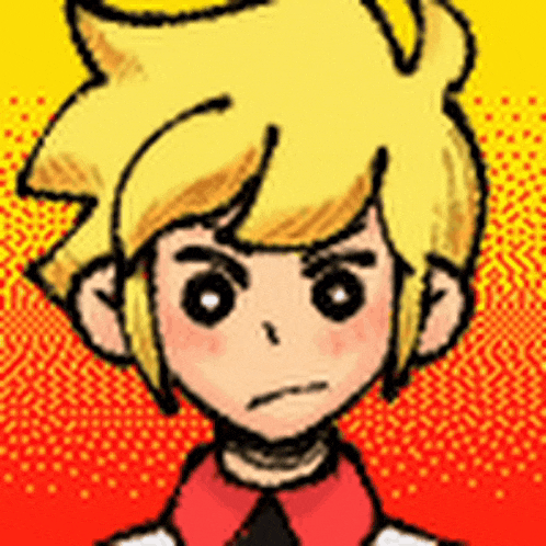 a pixel art drawing of a boy with yellow hair and black eyes .