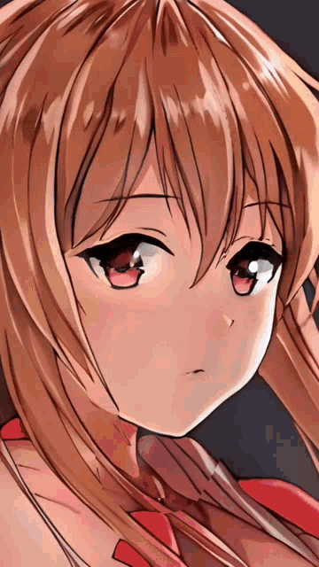a close up of a girl 's face with brown hair and pink eyes
