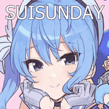 a drawing of a girl with blue hair and the words suisunday above her