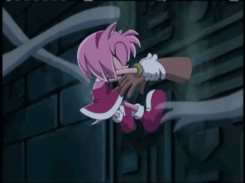 a cartoon of amy the hedgehog being held by someone
