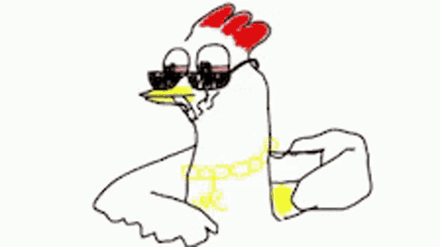 a drawing of a chicken wearing sunglasses and a chain around its neck .