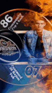 a man is standing in front of a sign that says 86 community pop and rock