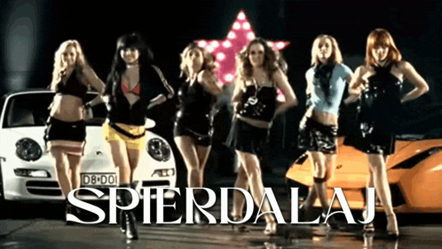 a group of women are standing in front of cars and the word sperdalaj is on the bottom