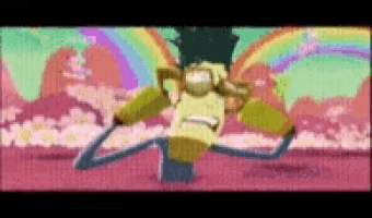 a cartoon character with a rainbow in the background .