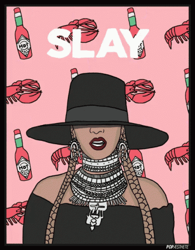 a drawing of a woman wearing a hat with the word slay written above her