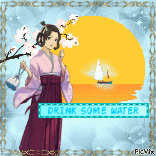 a woman in a kimono stands in front of a sailboat and the words drink some water