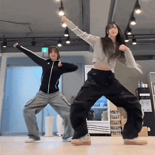 two young women are dancing together in a room .