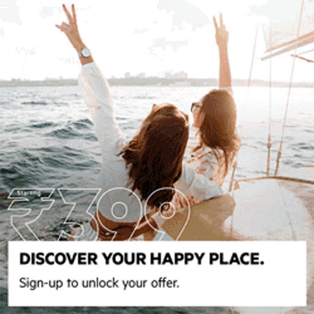 two women sitting on a boat with their arms in the air and the words discover your happy place sign up to unlock your offer