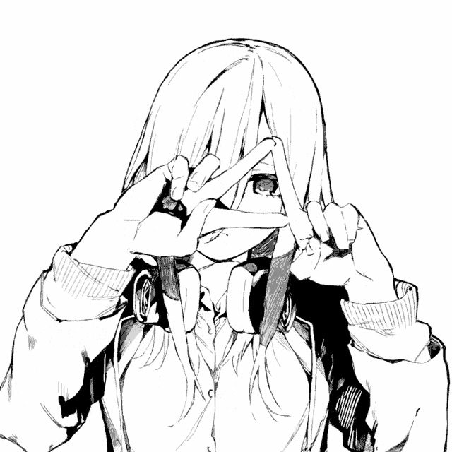 a black and white drawing of a girl with headphones making a peace sign