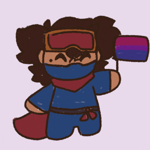 a drawing of a person wearing a mask holding a bisexual flag