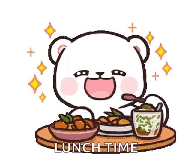 a cartoon bear is sitting at a table eating a meal .