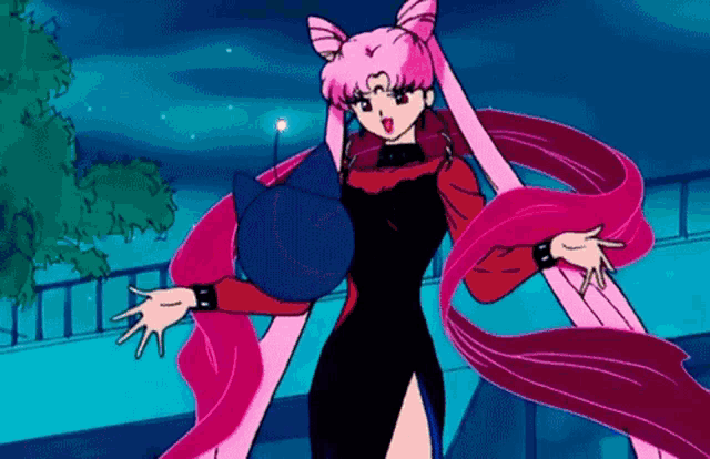 a cartoon girl with long pink hair and a black dress is holding a blue bottle .