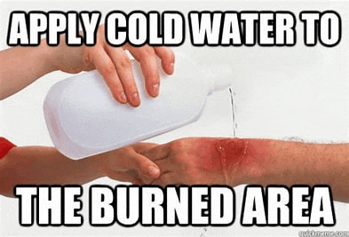 a person is pouring cold water on another person 's burned arm .