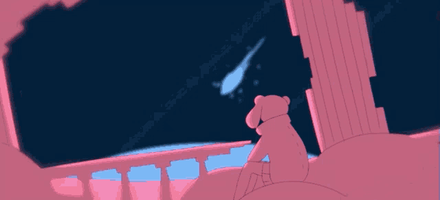 a cartoon drawing of a bear looking at a comet