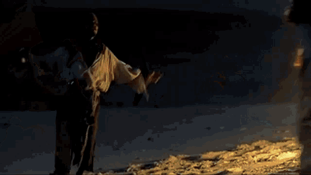 a couple of women are dancing in front of a fire .