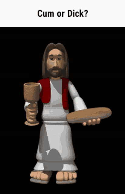 a cartoon of jesus holding a cup of wine and a loaf of bread with the caption cum or dick