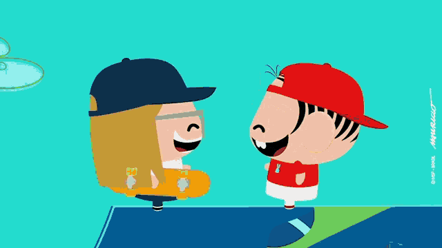 a cartoon drawing of a boy and a girl with a skateboard