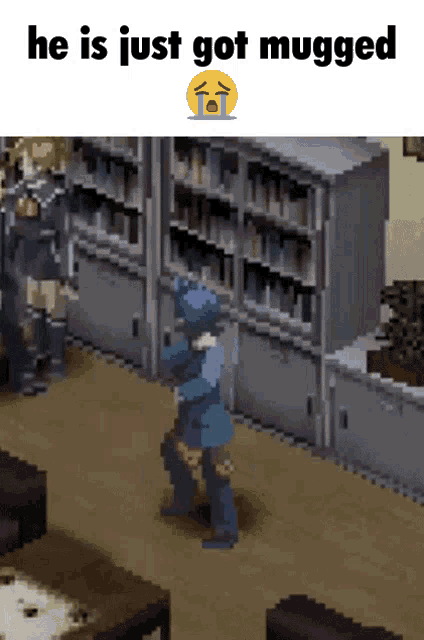 a pixel art of a man standing in a room with the words he is just got mugged