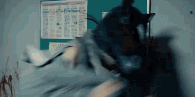 a blurry picture of a person holding a horse head in front of a bulletin board