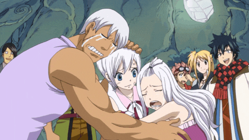 a group of anime characters including a man and a girl with white hair