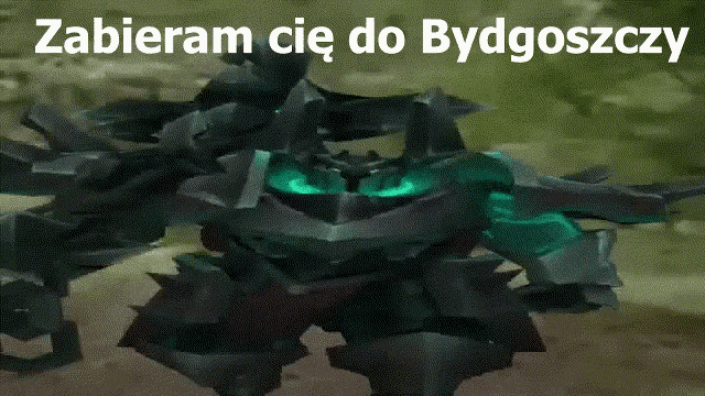 a video game character with the words zabieram cie do bydgoszcz on the top