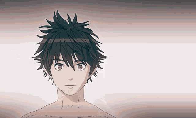 a drawing of a shirtless anime character with black hair and red eyes