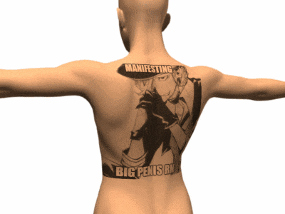 a man has a tattoo on his back that reads manifesting big penis rn