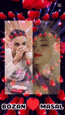 a man and a woman are surrounded by red hearts and the words bozan masal on the bottom