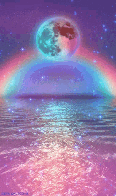 a rainbow over a body of water with a full moon behind it