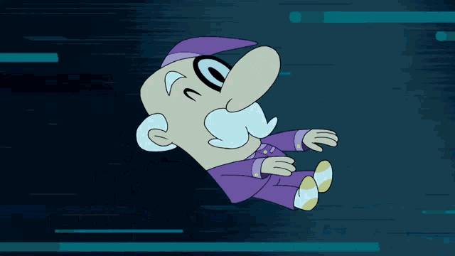 a cartoon character with a purple hat and a beard is flying through the air