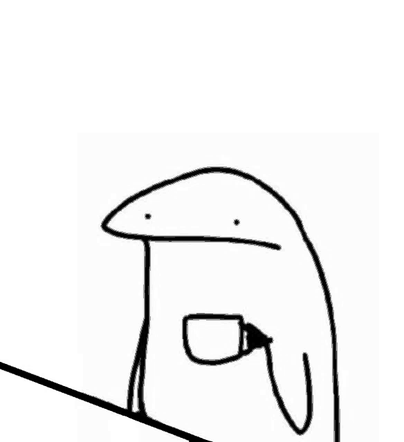 a black and white drawing of a cartoon character with a cup of coffee .