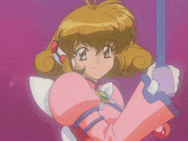 a girl in a pink outfit is holding a purple wand