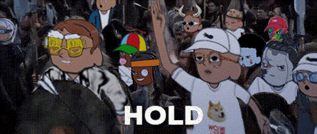 a group of cartoon characters are standing in a crowd and one of them is wearing a doge coin shirt .