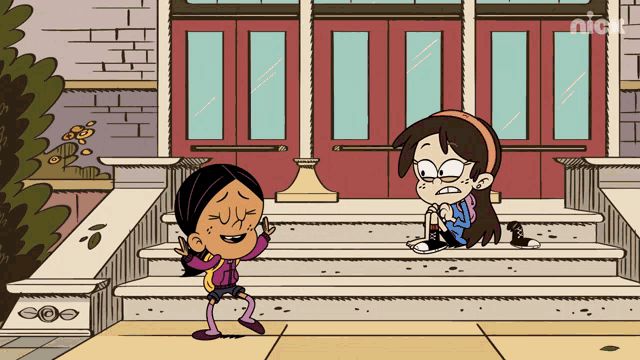 a cartoon of a girl sitting on a set of stairs with a nick logo in the corner
