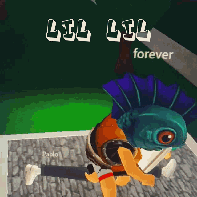 a cartoon character with a fish on its head and the words lil lil forever below it