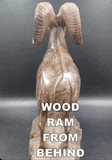 a wooden ram statue with the words wood ram from behind written on it