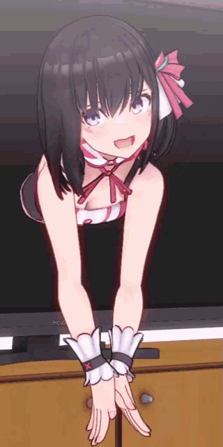 a girl with black hair and purple eyes is standing in front of a tv