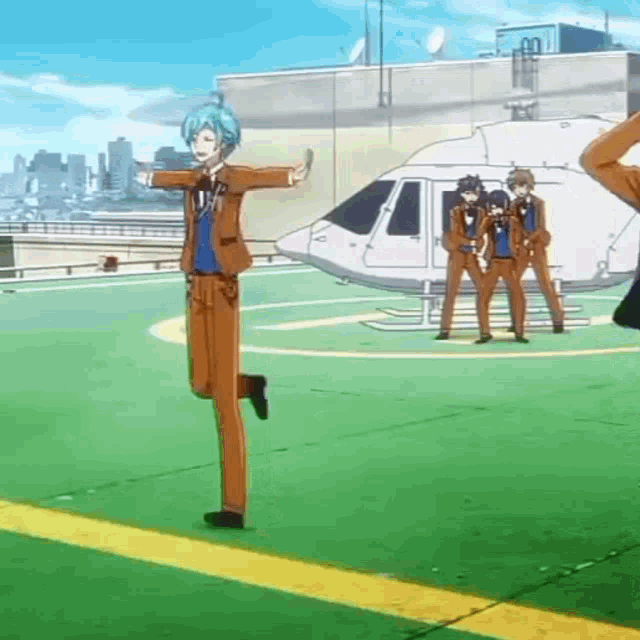 a group of anime characters are standing on top of a runway in front of a helicopter .