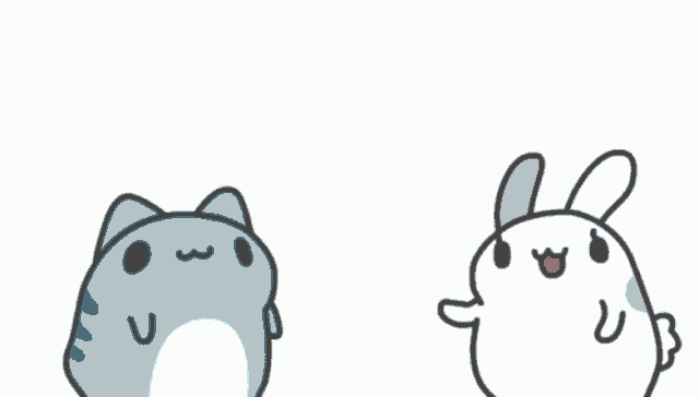 a blue frog and a white rabbit are standing next to each other with hearts on their faces