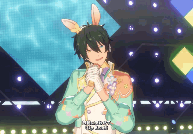 a boy with bunny ears holds a microphone and says " up beat "